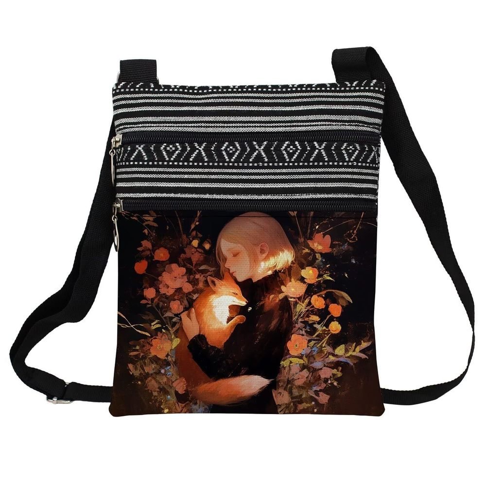 Floral Fox Messenger Bag Small Ethnic Pattern Printed Adjustable Strap ^_^